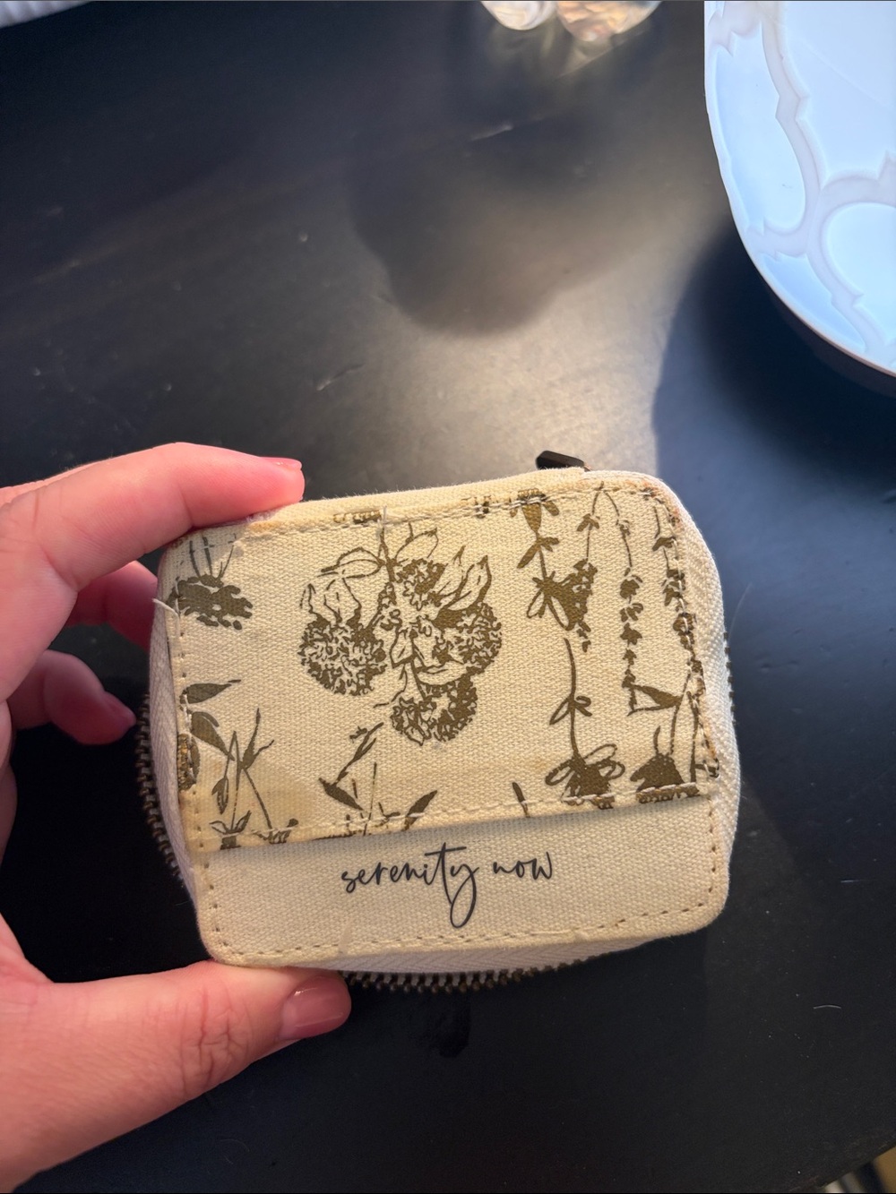 Young Living Serenity Now Floral Canvas Coin Purse - Cream & Olive